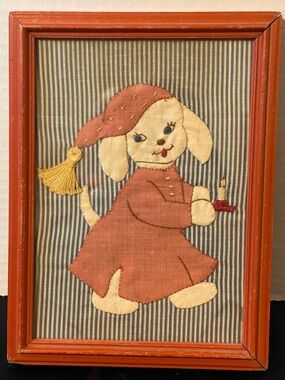 Handmade Vintage-Style Red Framed Appliqué Puppy Wall Art